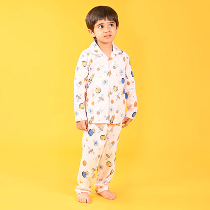 Light Pink / Galaxy  Printed Full Sleeves Cotton Kids Night Suit image 1