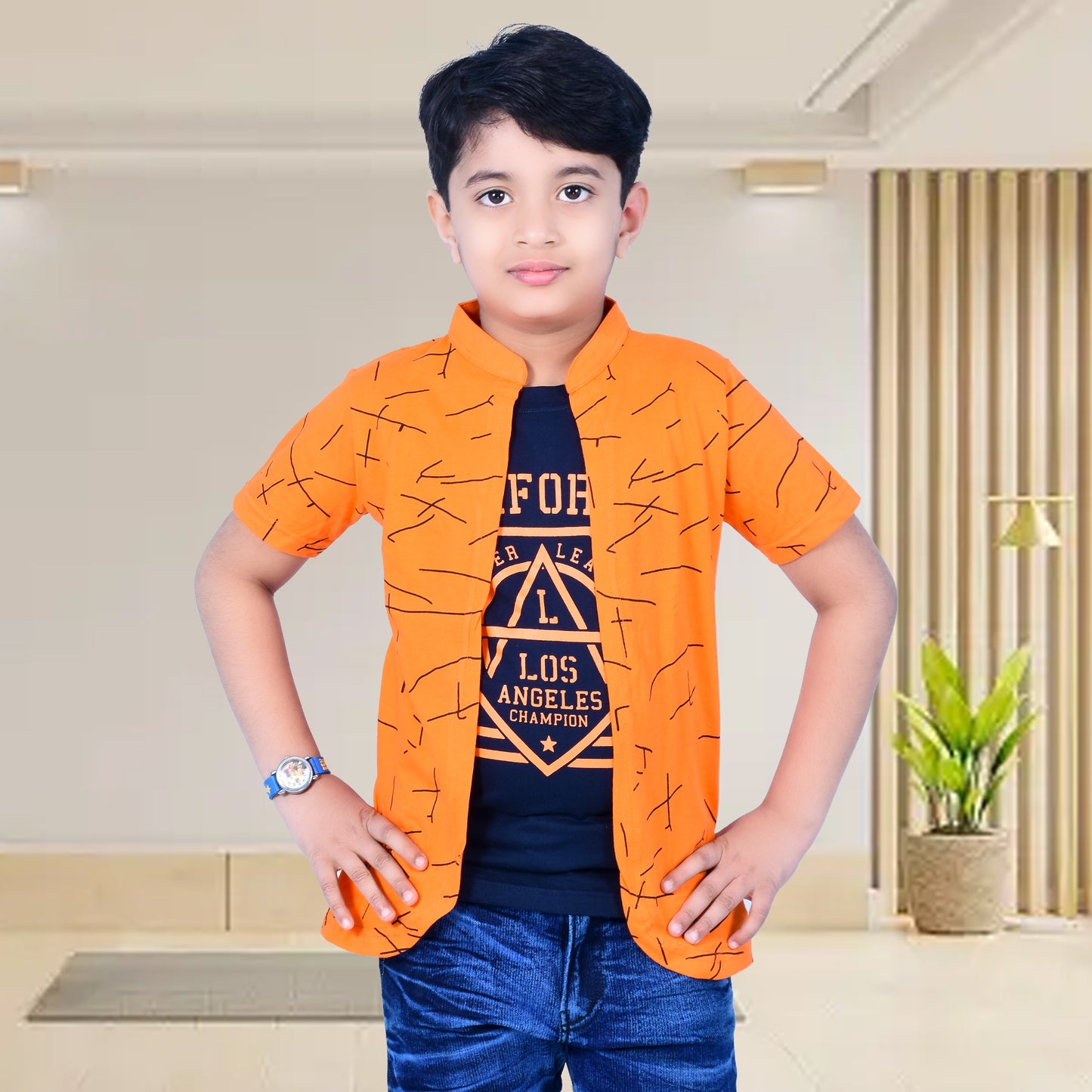 Orange /Printed Half Sleeves Pure Cotton Boys T-shirt Attached with Shrug image 2