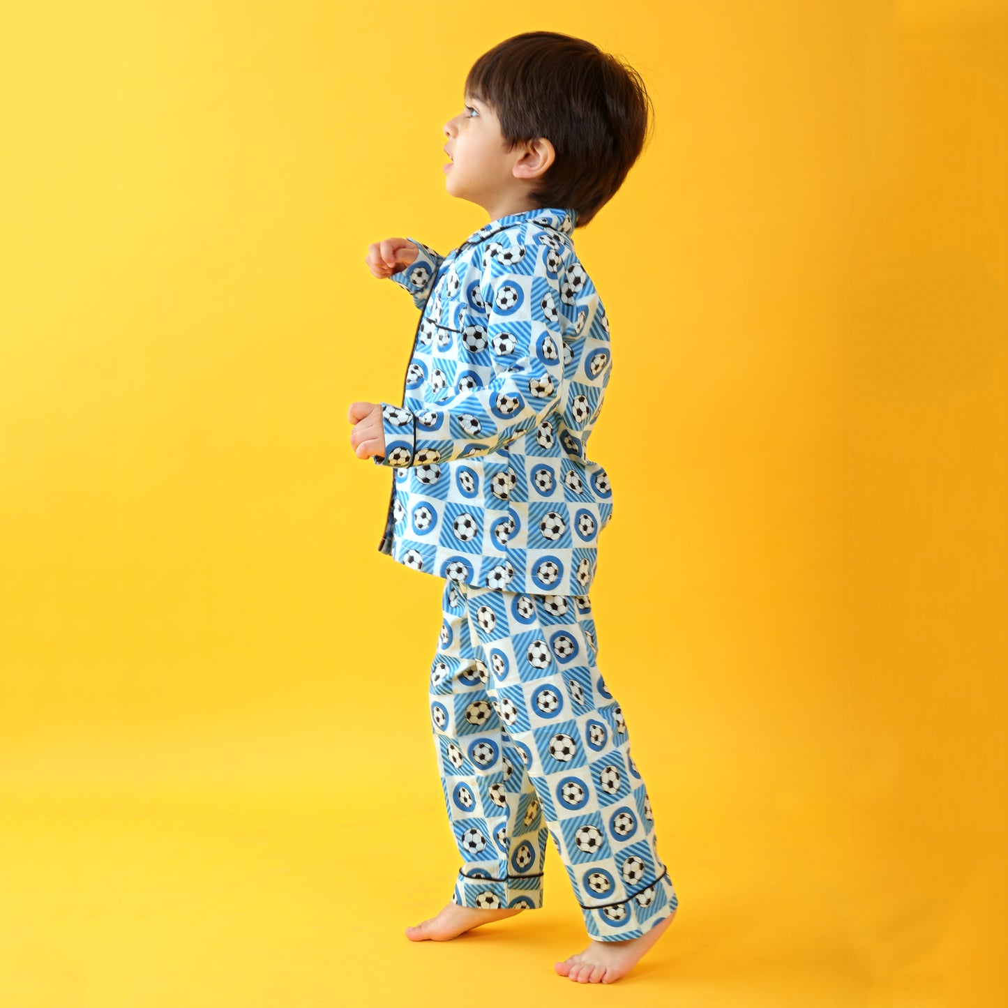 Textile Blue / Soccer Printed Full Sleeves Cotton Kids Night Suit Set image 3