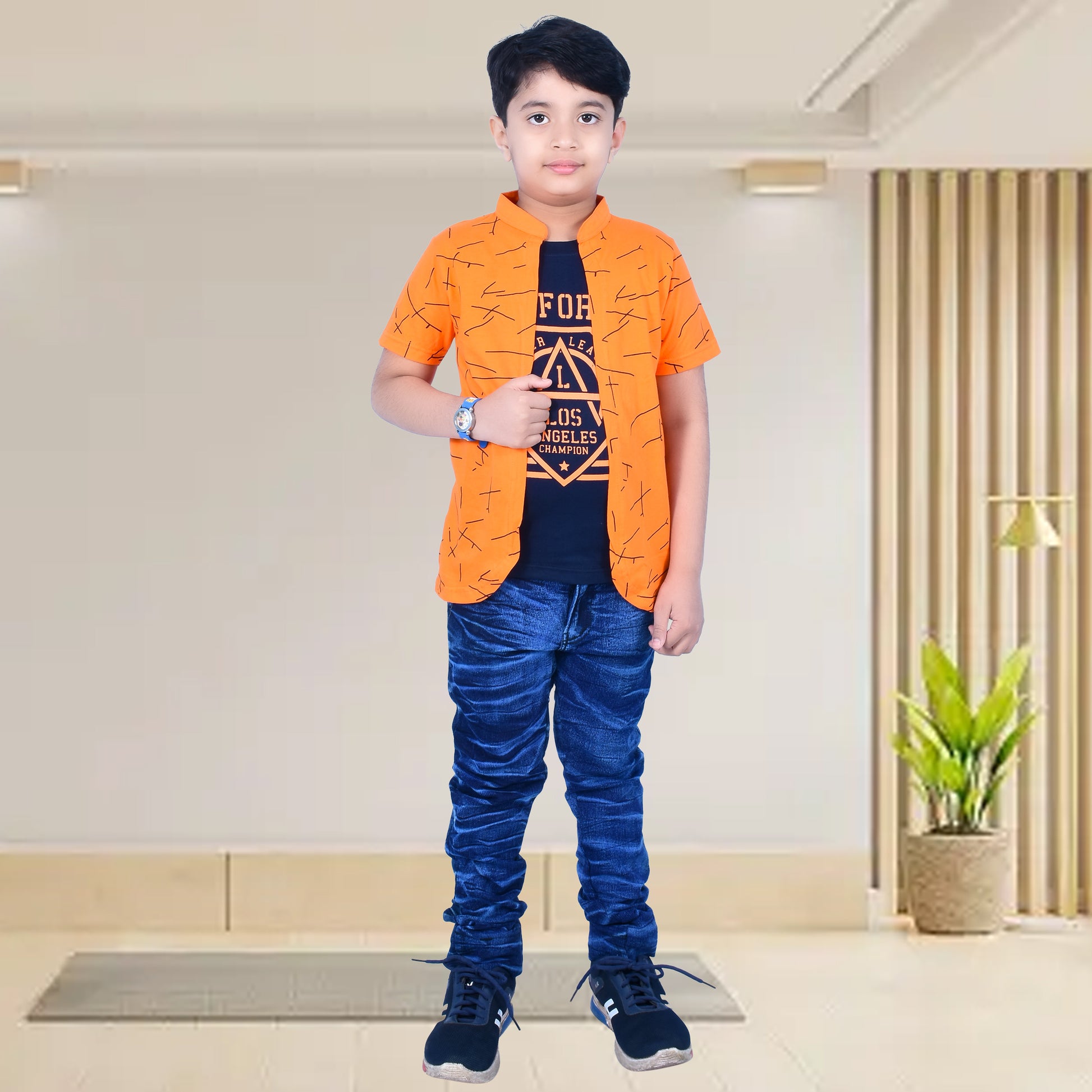 Orange /Printed Half Sleeves Pure Cotton Boys T-shirt Attached with Shrug image 5